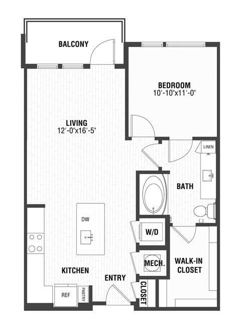 Floor plan for 1 bed, 1 bath, 750 sqft